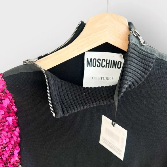 Nwt MOSCHINO Couture Black Sweater Mock Neck Dress Sequin Sleeves - Picture 4 of 11